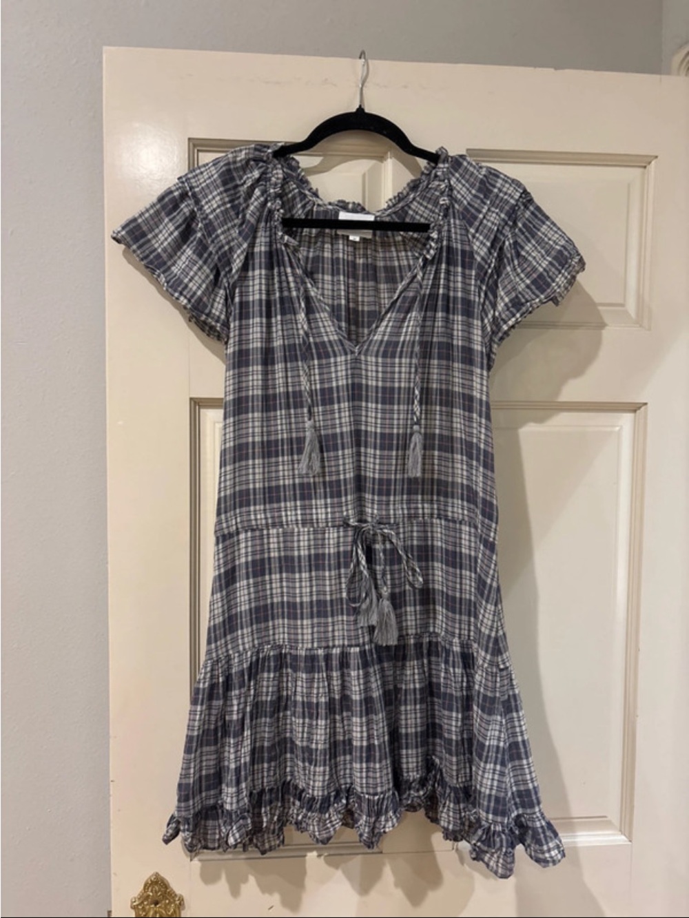 sundays Blue and White Plaid Short Sleeve Tie-Waist Mini Dress